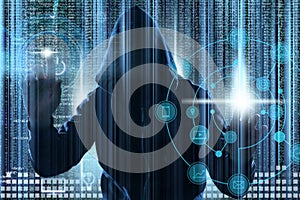 Man in hood and digital code on dark background. Cyber attack concept