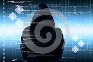 Man in hood and digital code on dark background. Cyber attack concept