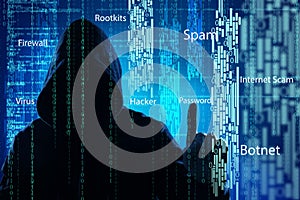 Man in hood and digital code on dark background. Cyber attack concept
