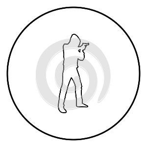 Man in the hood with gun Concept danger short arm icon black color illustration in circle round