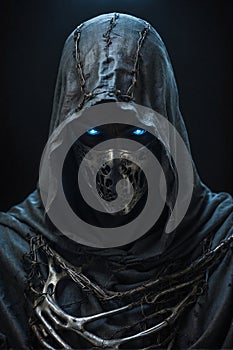 Man in Hooded Costume With Blue Eyes, Intriguing and Mysterious Portrait Photography. Generative AI.