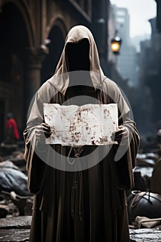 A man in a hooded robe holding a map, AI