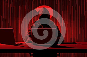 A man in a hoodie sits at a computer, a question mark in the background, styled with mysterious backdrops and bold,