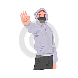 Man in Hoody Wearing Medical Face Mask Showing Stop Virus Sign with His Hand Vector Illustration