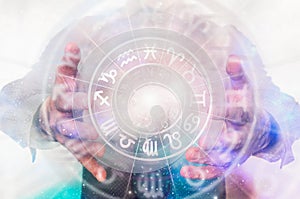 Man with horoscope circle in his hands - predictions of the futu photo