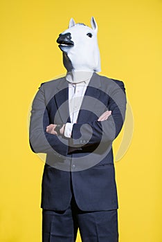 Man with horse mask on yellow background