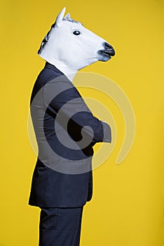 Man with horse mask on yellow background