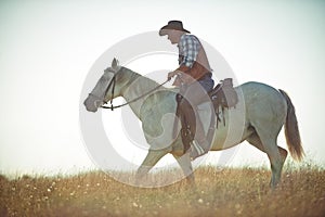 Man, horse riding and countryside field as cowboy for adventure in Texas meadow to explore land, exercise or training