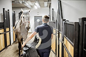 Man with horse in the stable