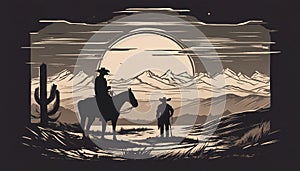 A man and a horse standing on a hill at sunset, with mountains in the background. illustrator