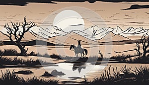 A man and a horse standing on a hill at sunset, with mountains in the background. illustrator