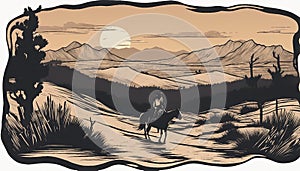 A man and a horse standing on a hill at sunset, with mountains in the background. illustrator