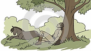 Man and horse under tree, relaxing scene, peaceful nature, countryside, vector design Generative AI photo