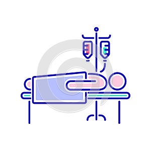 Man in hospital ward with dropper color line icon. Postoperative therapy. Isolated vector element. Outline pictogram for web page photo