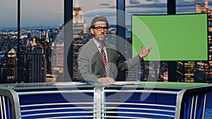 Man host point mockup screen talk evening news. Anchor broadcasting chroma key