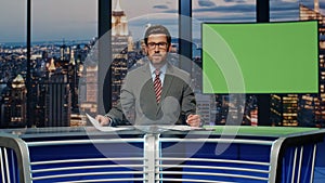 Man host point mockup screen talk evening news. Anchor broadcasting chroma key