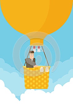 Man in a hot air balloon. Planning summer vacations. Tourism and vacation theme. Flat design vector illustration