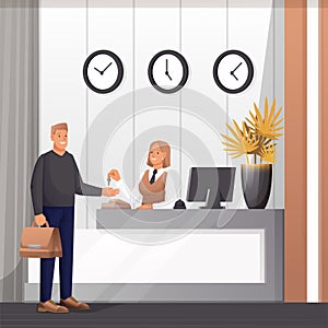 Man at hotel reception receiving key scene. Receptionist working at counter with computer, guest with bag vector
