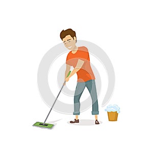 Man at household activity, washing mopping floor isolated cartoon