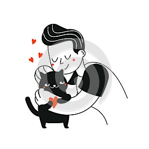 Man hug cat. Pets lover illustration. Animal care concept