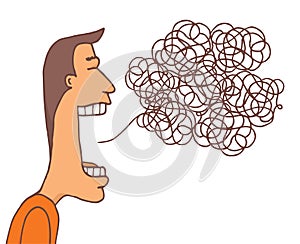 Man with huge mouth communicating a tangled message