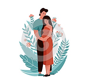 Man hugging and kissing pregnant woman. Happy family couple vector illustration. Husband and wife concept with floral