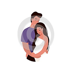 Man hugging and kissing pregnant woman. Happy family couple vector illustration. Husband and wife concept. Isolated on