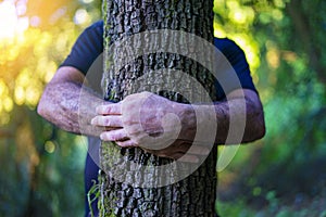 Man hugging a tree in the forest.