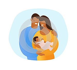 A man hugs and takes care of his wife and child. Mom hugs a newborn baby. Black married couple with son or daughter. Simple vector