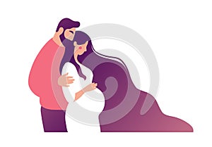 A man hugs a woman awaiting the birth of a child. Concept illustration about pregnancy, motherhood, family, parenthood