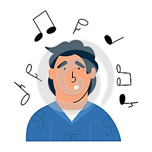 The man hums a melody. Obsessive music in the head. Vector illustration in flat sty