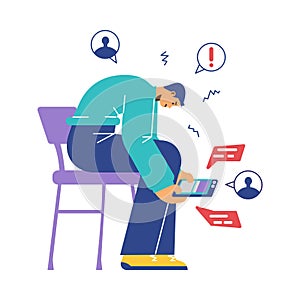 Man hunched sitting on a chair in phone, FOMO fear of missing out vector illustration, psychological addiction syndrome