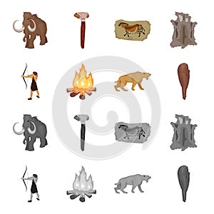 Man, hunter, onion, bonfire .Stone age set collection icons in cartoon,monochrome style vector symbol stock illustration