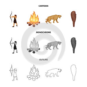 Man, hunter, onion, bonfire .Stone age set collection icons in cartoon,outline,monochrome style vector symbol stock