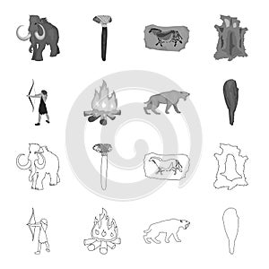 Man, hunter, onion, bonfire .Stone age set collection icons in outline,monochrome style vector symbol stock illustration