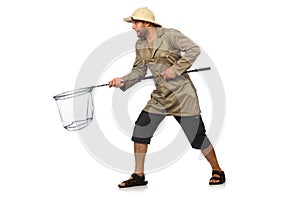 The man hunting for butterflies isolated on white