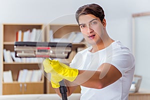 The man husband cleaning the house helping wife