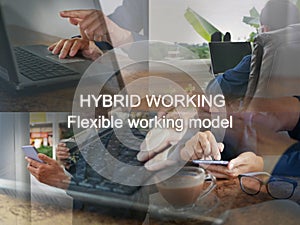 A man in hybrid work style to blend his time between working at an office and from several different places including home