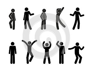 Man icon, dancing and posture, people stand, waving, sticks figure people illustration