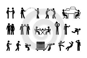 Man icons, people interaction and communication, stick figure pictogram