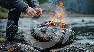 Man igniting fire on his meticulously crafted stone grill by the serene riverbank photo