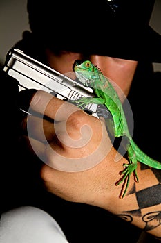 Man and iguana