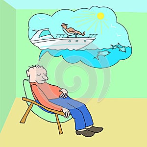 Man imagines future rest. Vector character illustration of dreamy person