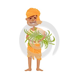 Man in Indian clothing with an armful of grass. Vector illustration.