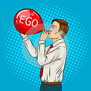 Man inflate ego balloon pop art vector photo