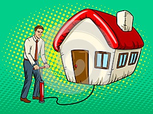 Man inflate house pop art vector illustration