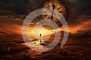 Man infront of huge clock. Time passing, time importance, destiny concept.