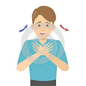 Man inhale and exhale with bronchitis illness.