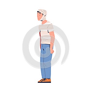 Man with injured bandaged head. Man feeling pain in body caused by injury cartoon vector illustration