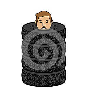 Man inside car tire. Guy in stack of car tires. vector illustration